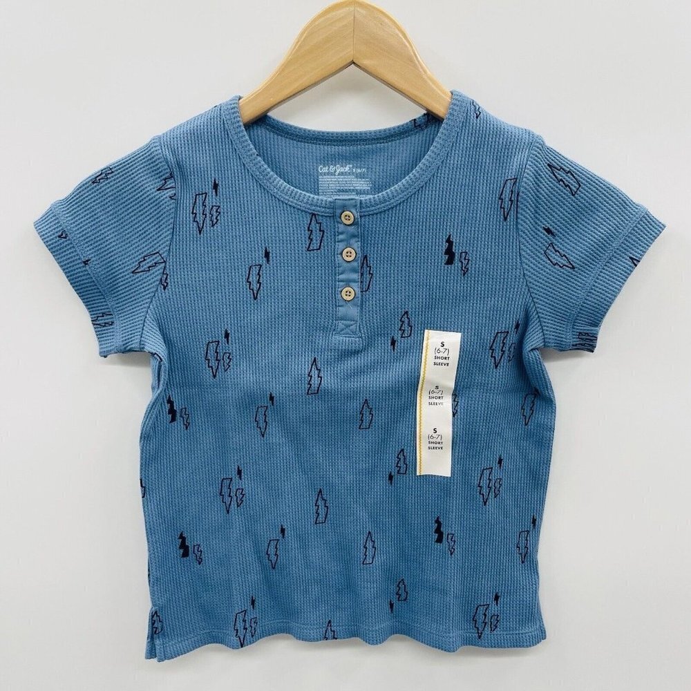 Cat & Jack Girls Small 6/7 Lightning Bolt Short Sleeve Henley Waffle‎ Top 2318